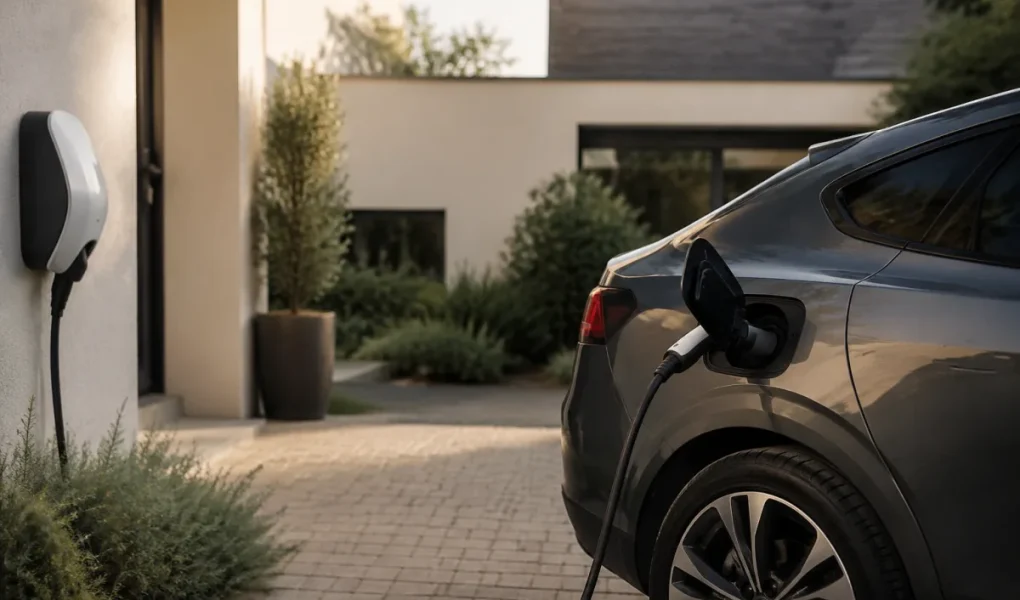 Parking d'entreprise avec plusieurs véhicules électriques branchés sur des bornes de recharge sous un ciel nuageux