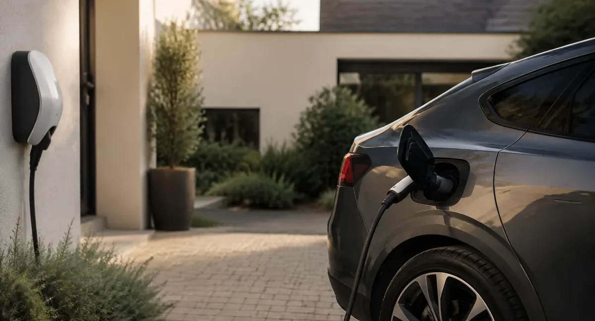 Parking d'entreprise avec plusieurs véhicules électriques branchés sur des bornes de recharge sous un ciel nuageux