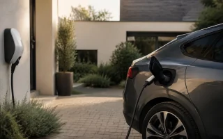 Parking d'entreprise avec plusieurs véhicules électriques branchés sur des bornes de recharge sous un ciel nuageux
