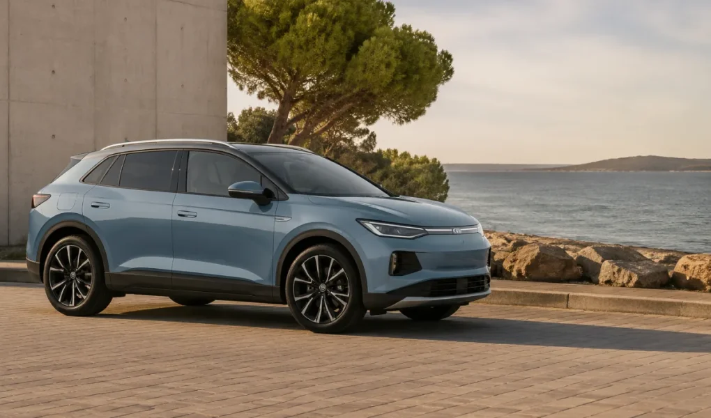 Volkswagen ID. Cross garé sur une route de campagne, vue d'ensemble du SUV compact électrique