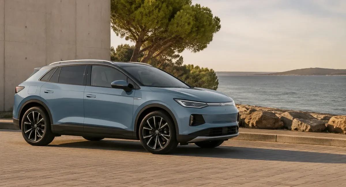 Volkswagen ID. Cross garé sur une route de campagne, vue d'ensemble du SUV compact électrique