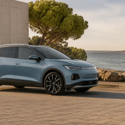 Volkswagen ID. Cross garé sur une route de campagne, vue d'ensemble du SUV compact électrique