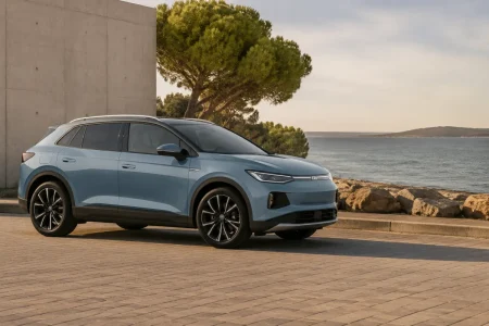 Volkswagen ID. Cross garé sur une route de campagne, vue d'ensemble du SUV compact électrique