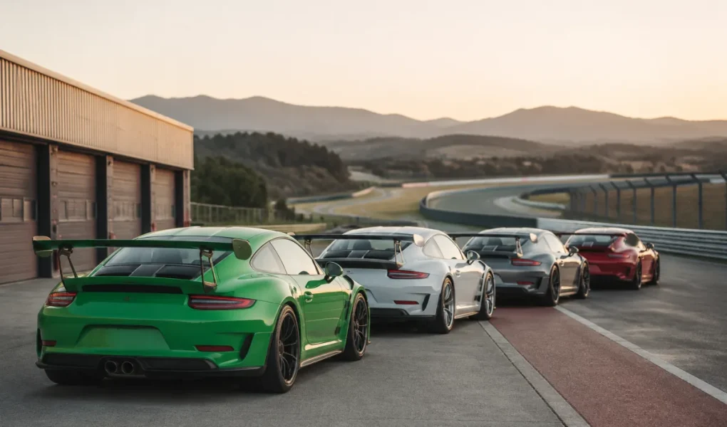 Porsche GT3 RS sur la ligne droite d'un grand circuit automobile français sous un ciel dégagé