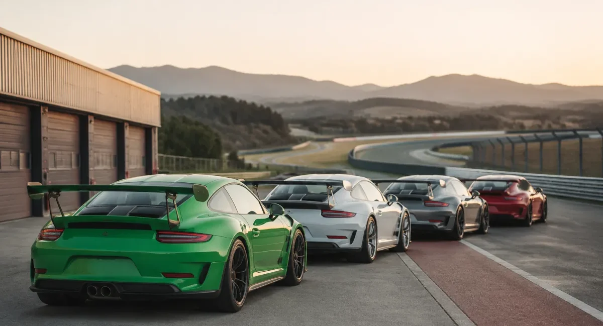 Porsche GT3 RS sur la ligne droite d'un grand circuit automobile français sous un ciel dégagé