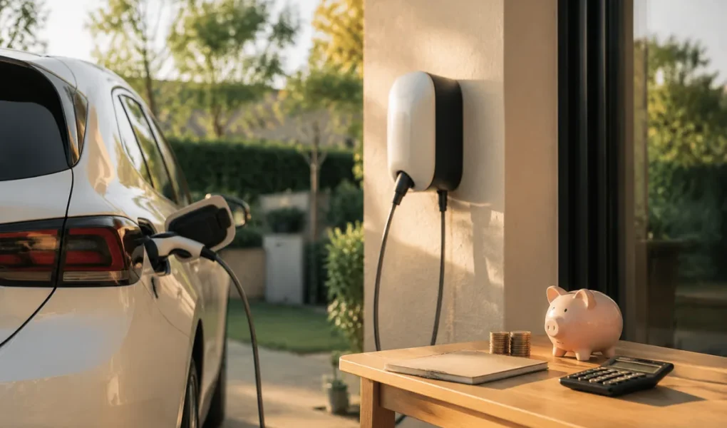 Vue d'ensemble d'un parking de concession avec plusieurs voitures électriques exposées sous un ciel dégagé