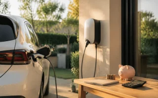 Vue d'ensemble d'un parking de concession avec plusieurs voitures électriques exposées sous un ciel dégagé