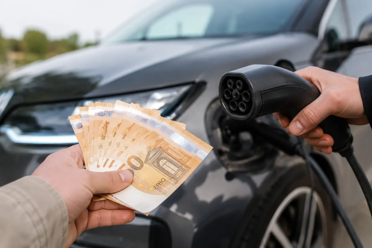 Gros plan sur la prise de charge d'une voiture électrique branchée à une borne de recharge domestique