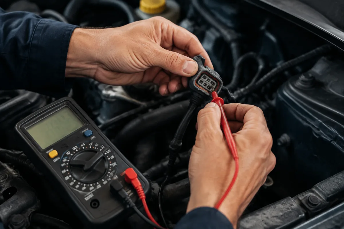 Gros plan sur les bornes électriques d'un boîtier de préchauffage testé avec un multimètre